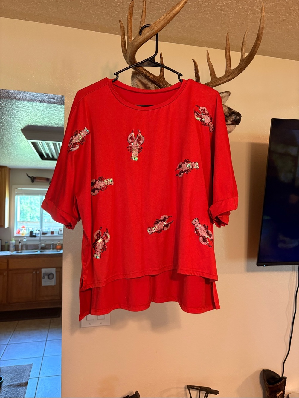 Red Sequin Lobster Embellished Short Sleeve Top